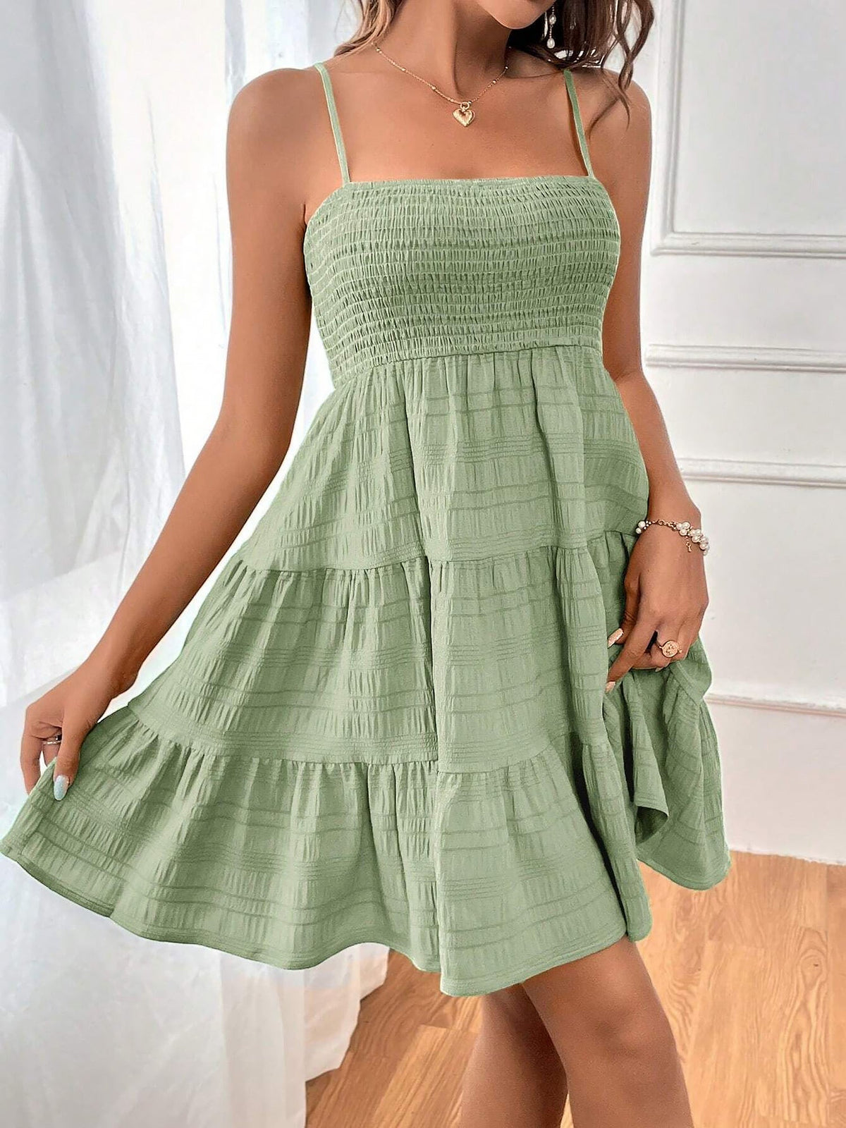 Spaghetti Strap Smocked Tiered Textured Dress