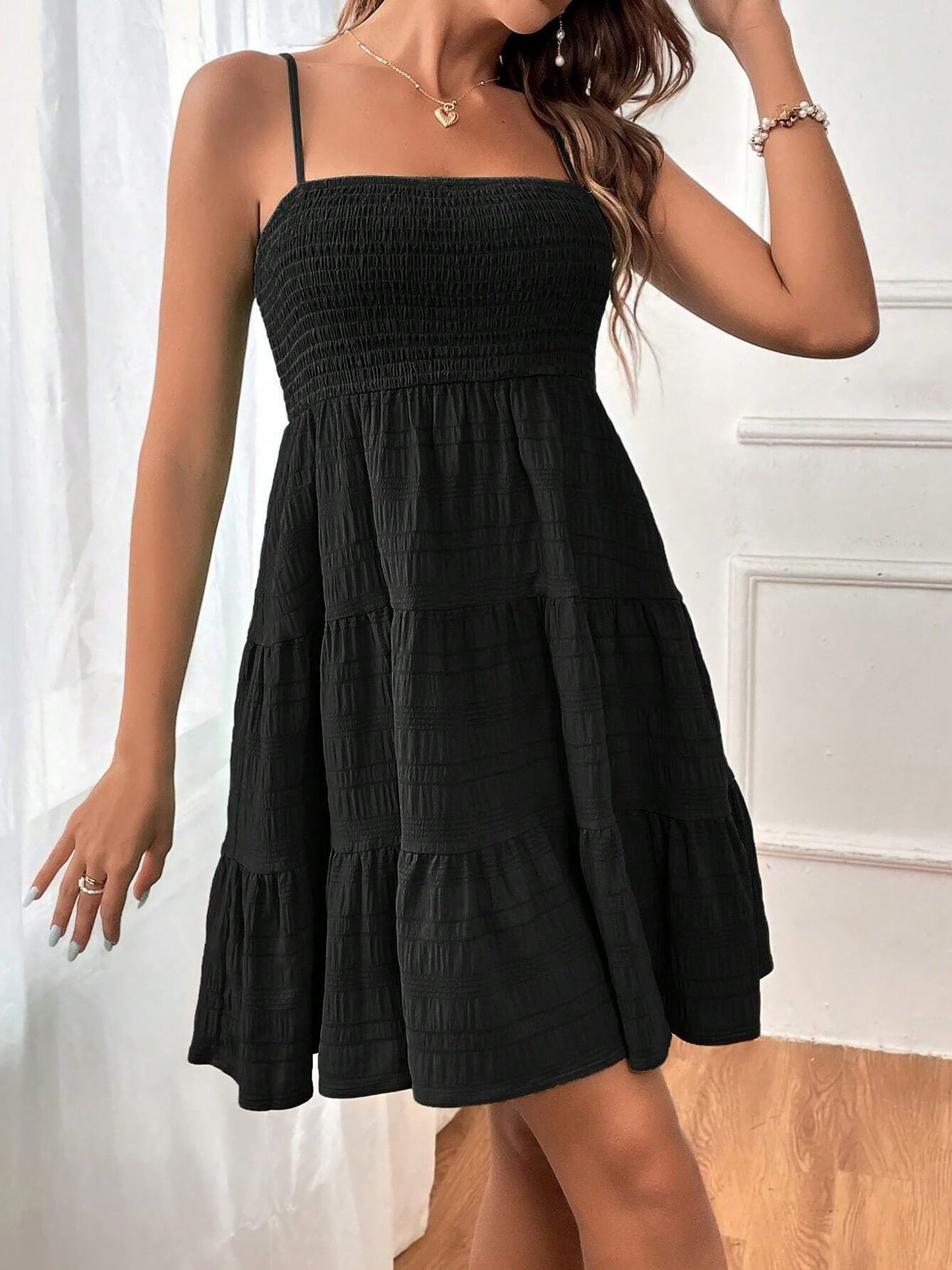 Spaghetti Strap Smocked Tiered Textured Dress