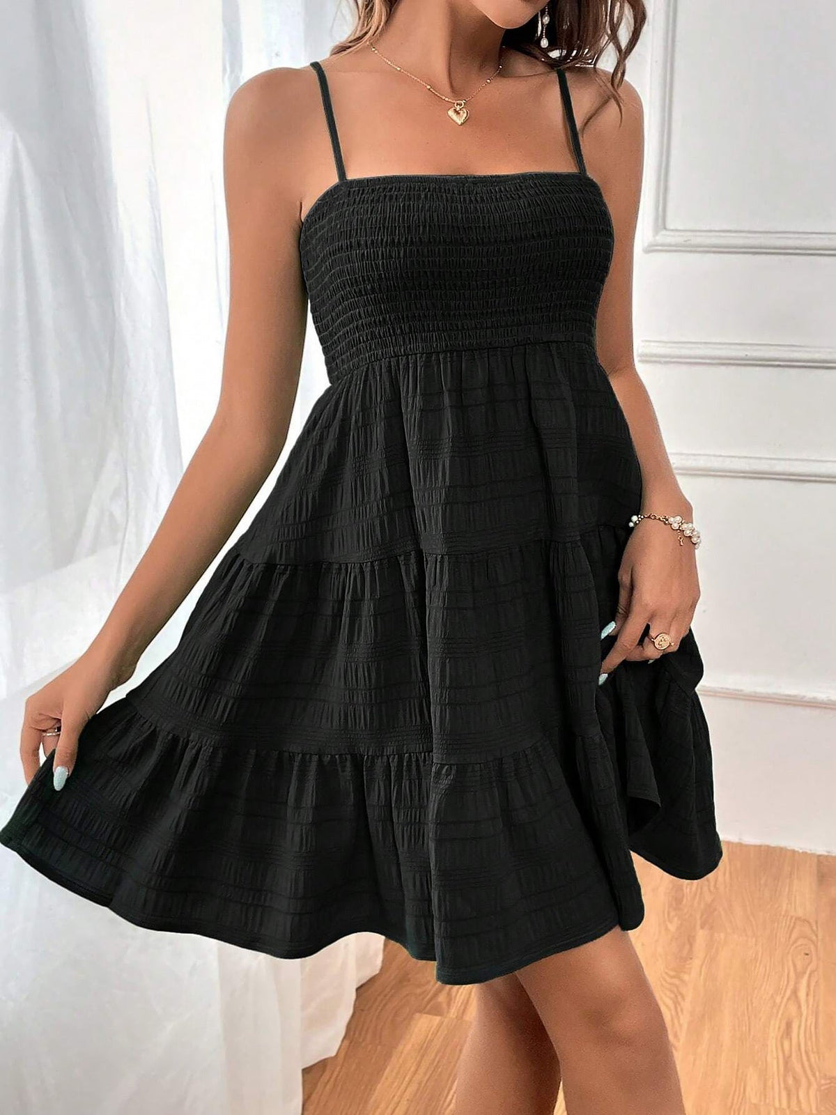 Spaghetti Strap Smocked Tiered Textured Dress