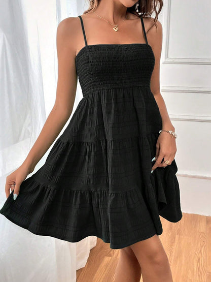 Spaghetti Strap Smocked Tiered Textured Dress