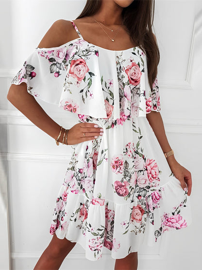 Romantic Floral Cold Shoulder Dress - Ruffle Trim Chiffon Mini
