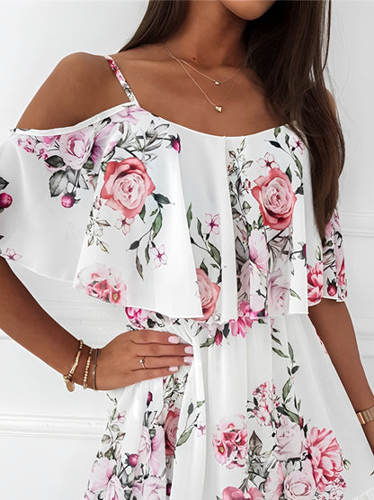 Romantic Floral Cold Shoulder Dress - Ruffle Trim Chiffon Mini