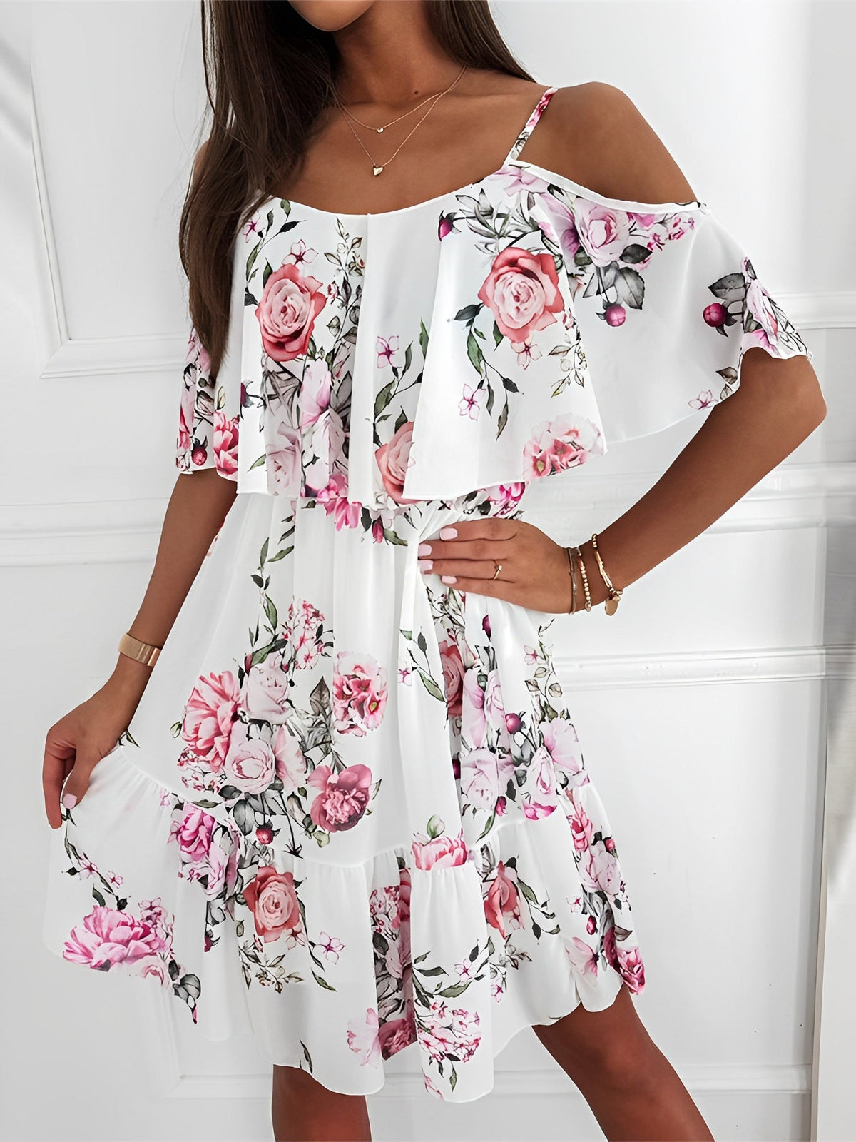 Romantic Floral Cold Shoulder Dress - Ruffle Trim Chiffon Mini