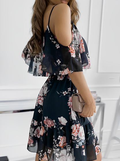 Romantic Floral Cold Shoulder Dress - Ruffle Trim Chiffon Mini