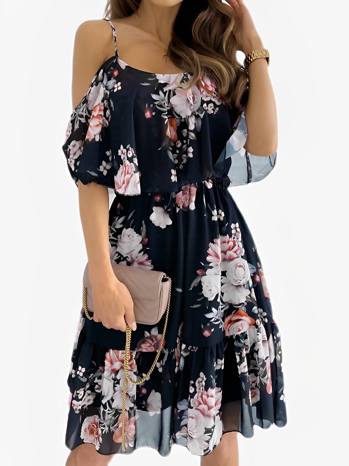 Romantic Floral Cold Shoulder Dress - Ruffle Trim Chiffon Mini