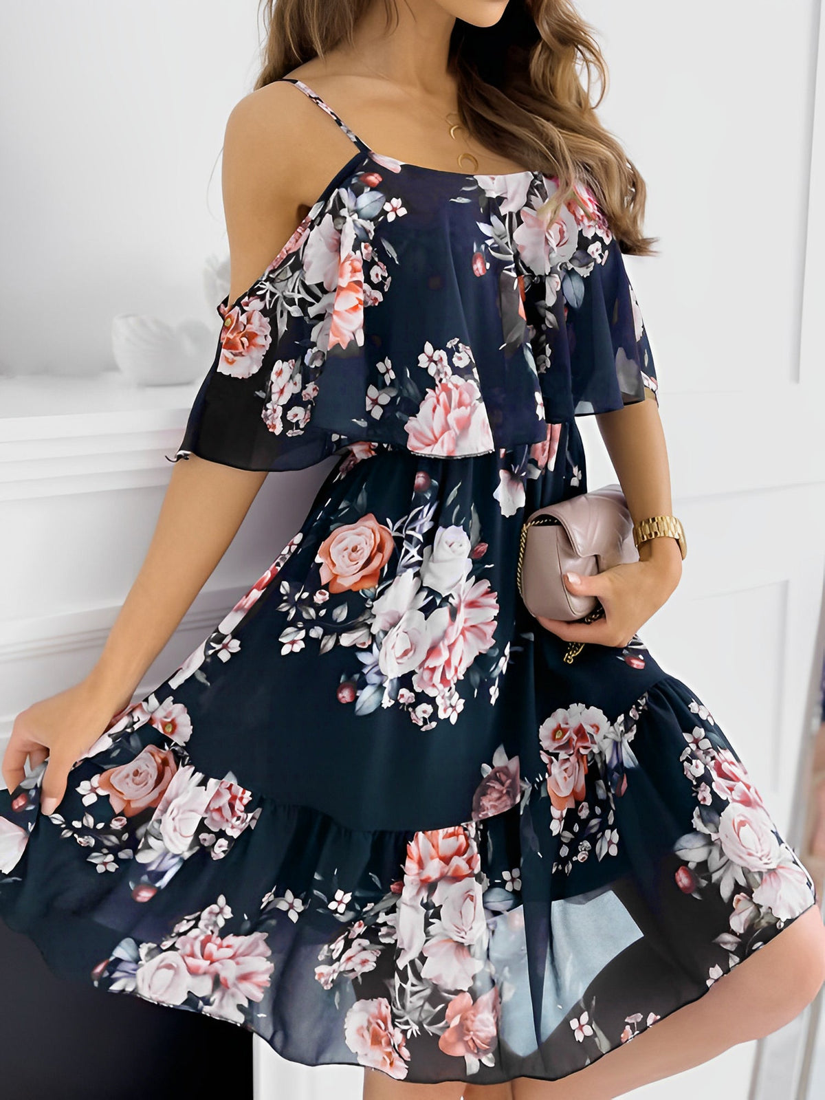 Romantic Floral Cold Shoulder Dress - Ruffle Trim Chiffon Mini