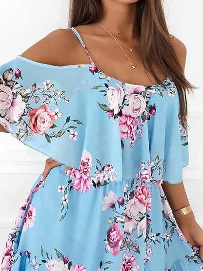 Romantic Floral Cold Shoulder Dress - Ruffle Trim Chiffon Mini