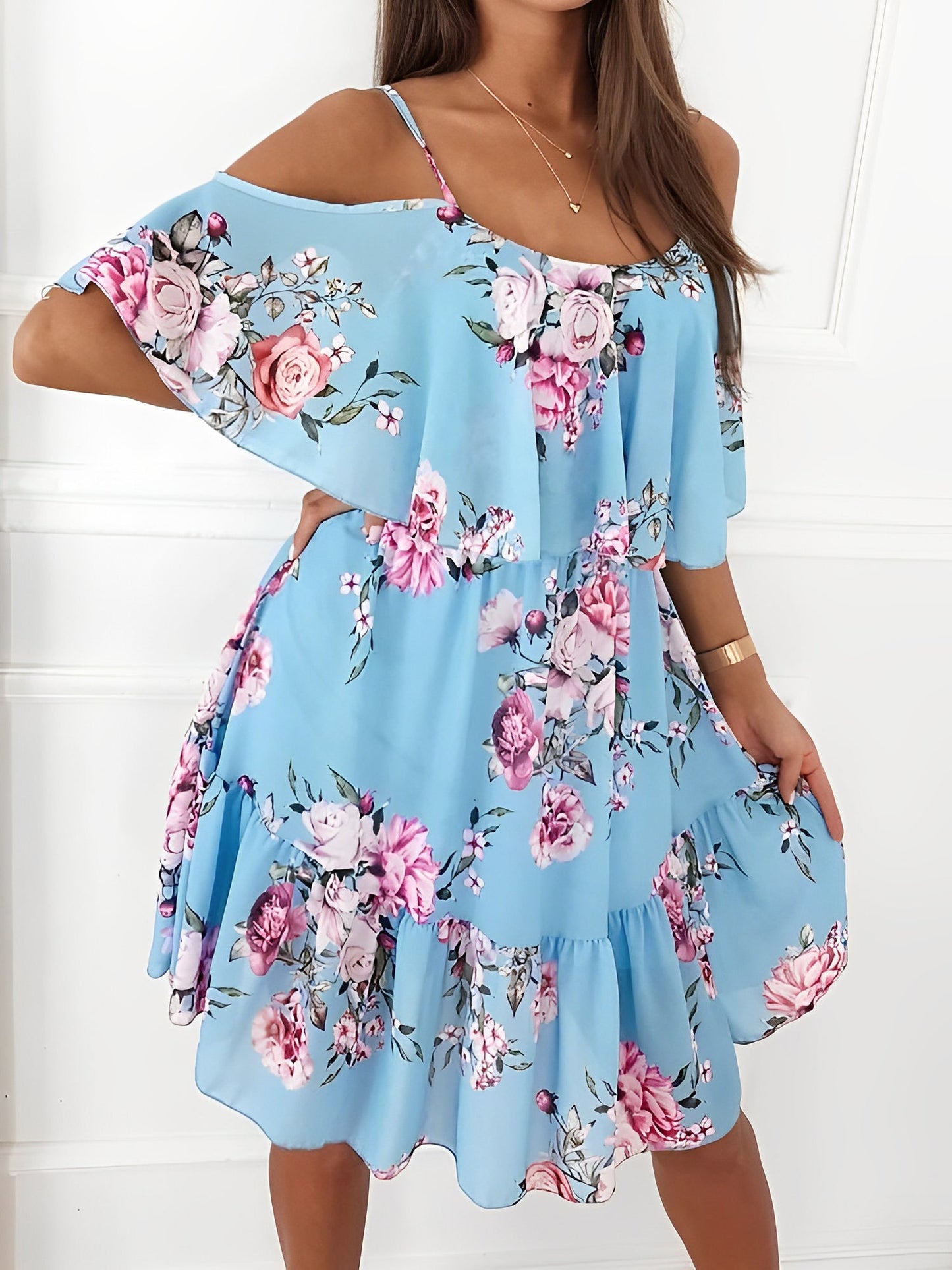 Romantic Floral Cold Shoulder Dress - Ruffle Trim Chiffon Mini