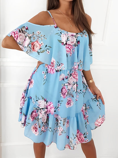 Romantic Floral Cold Shoulder Dress - Ruffle Trim Chiffon Mini