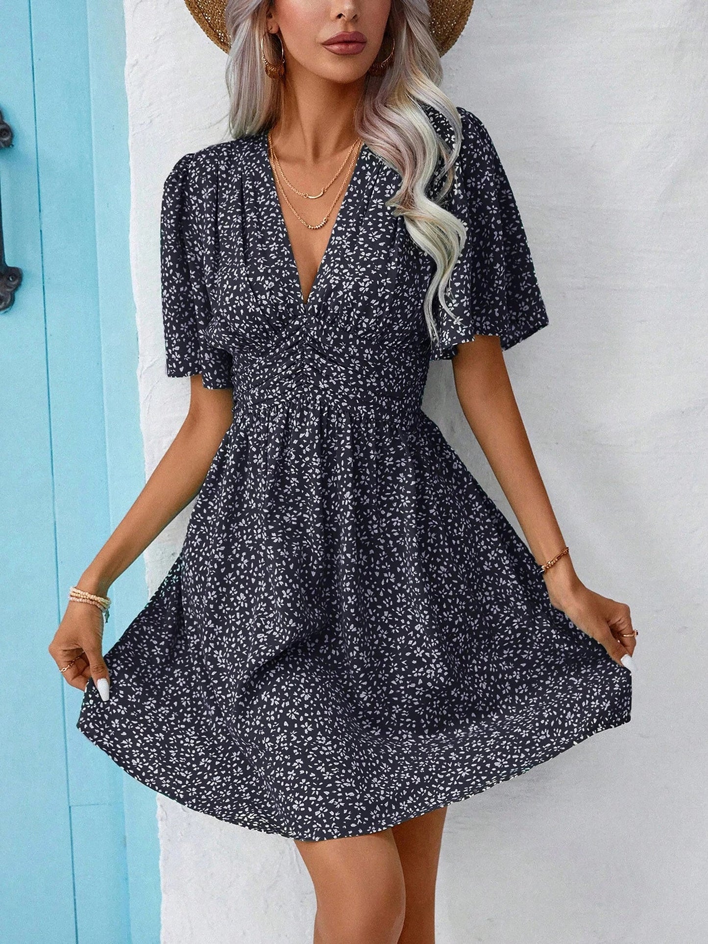 V Neck Short Sleeve Floral Ruched Dress