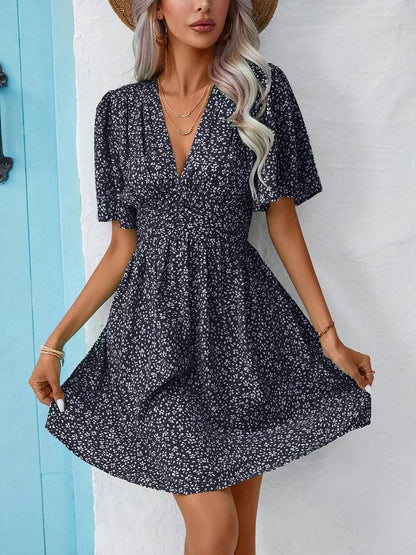 V Neck Short Sleeve Floral Ruched Dress