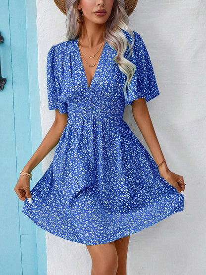 V Neck Short Sleeve Floral Ruched Dress