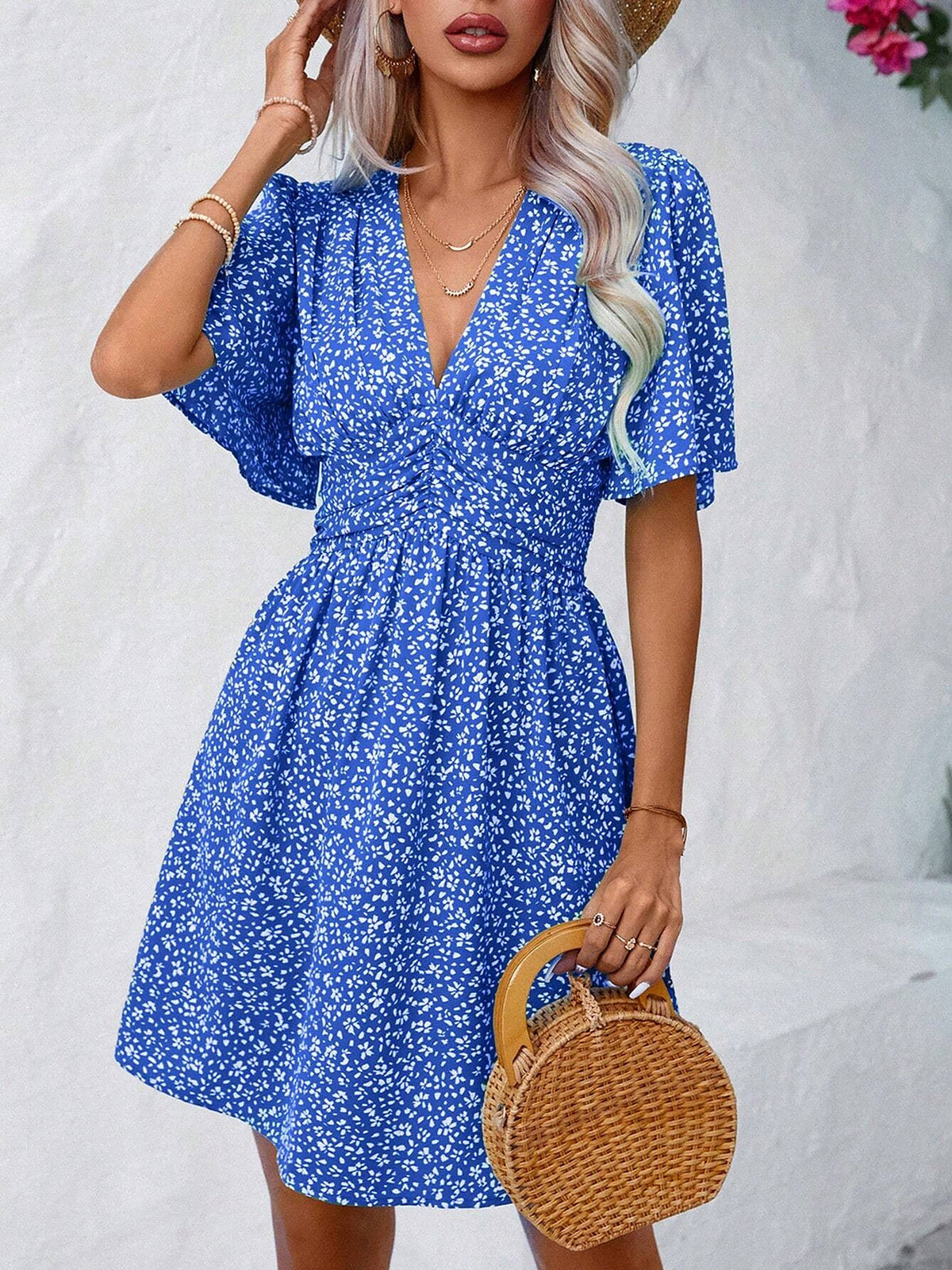 V Neck Short Sleeve Floral Ruched Dress