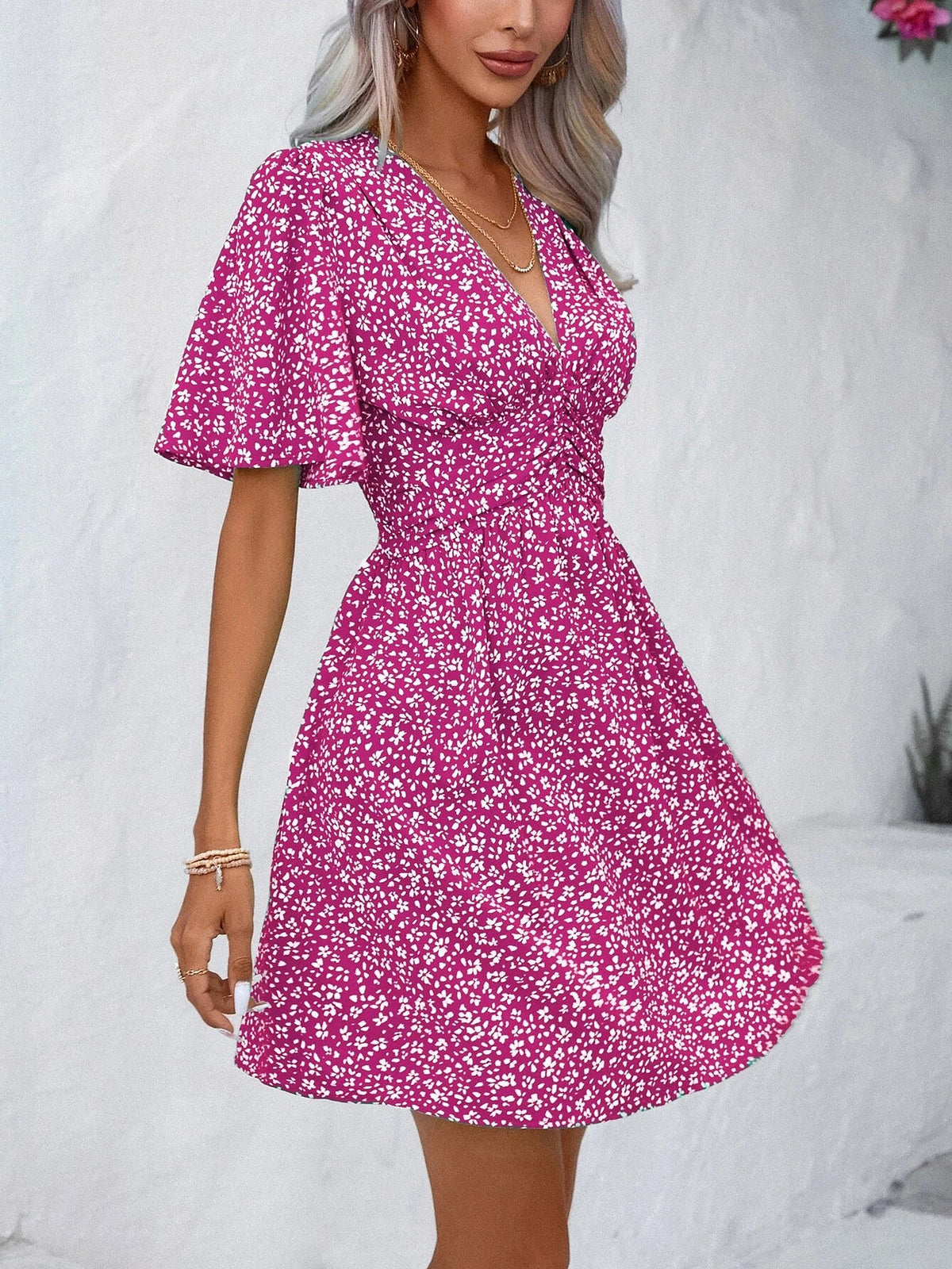 V Neck Short Sleeve Floral Ruched Dress
