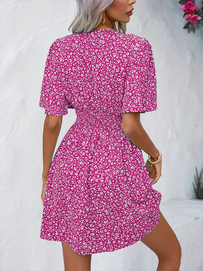 V Neck Short Sleeve Floral Ruched Dress