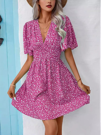 V Neck Short Sleeve Floral Ruched Dress