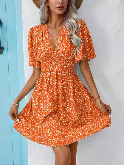 V Neck Short Sleeve Floral Ruched Dress