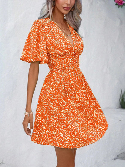 V Neck Short Sleeve Floral Ruched Dress