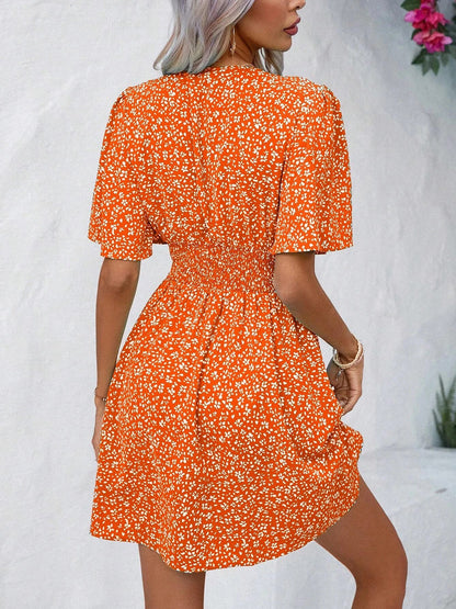 V Neck Short Sleeve Floral Ruched Dress