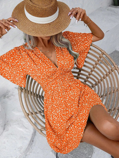 V Neck Short Sleeve Floral Ruched Dress