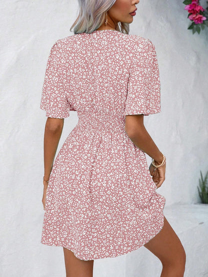V Neck Short Sleeve Floral Ruched Dress
