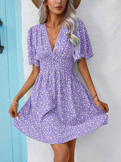 V Neck Short Sleeve Floral Ruched Dress