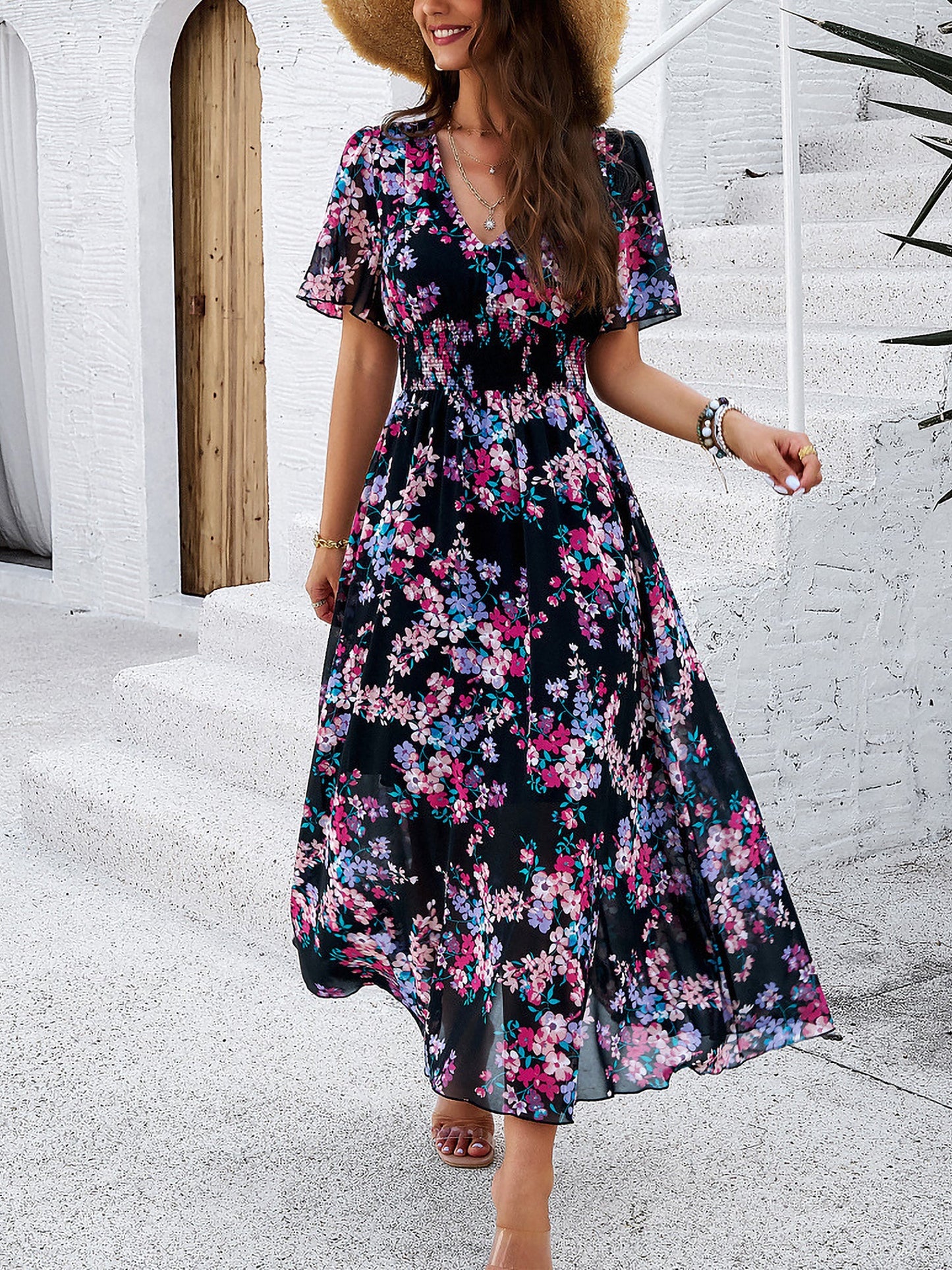 Floral Short Sleeves Smocked Chiffon Dress