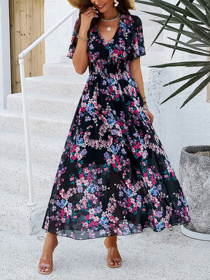 Floral Short Sleeves Smocked Chiffon Dress