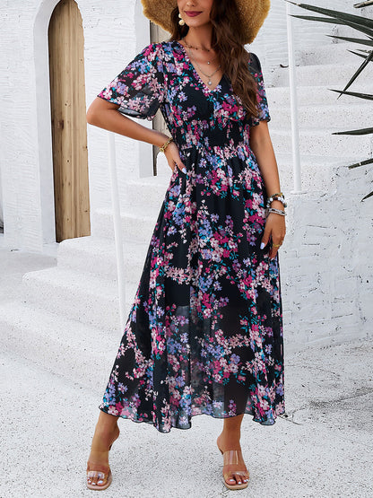 Floral Short Sleeves Smocked Chiffon Dress