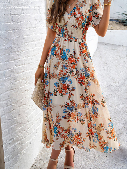 Floral Short Sleeves Smocked Chiffon Dress
