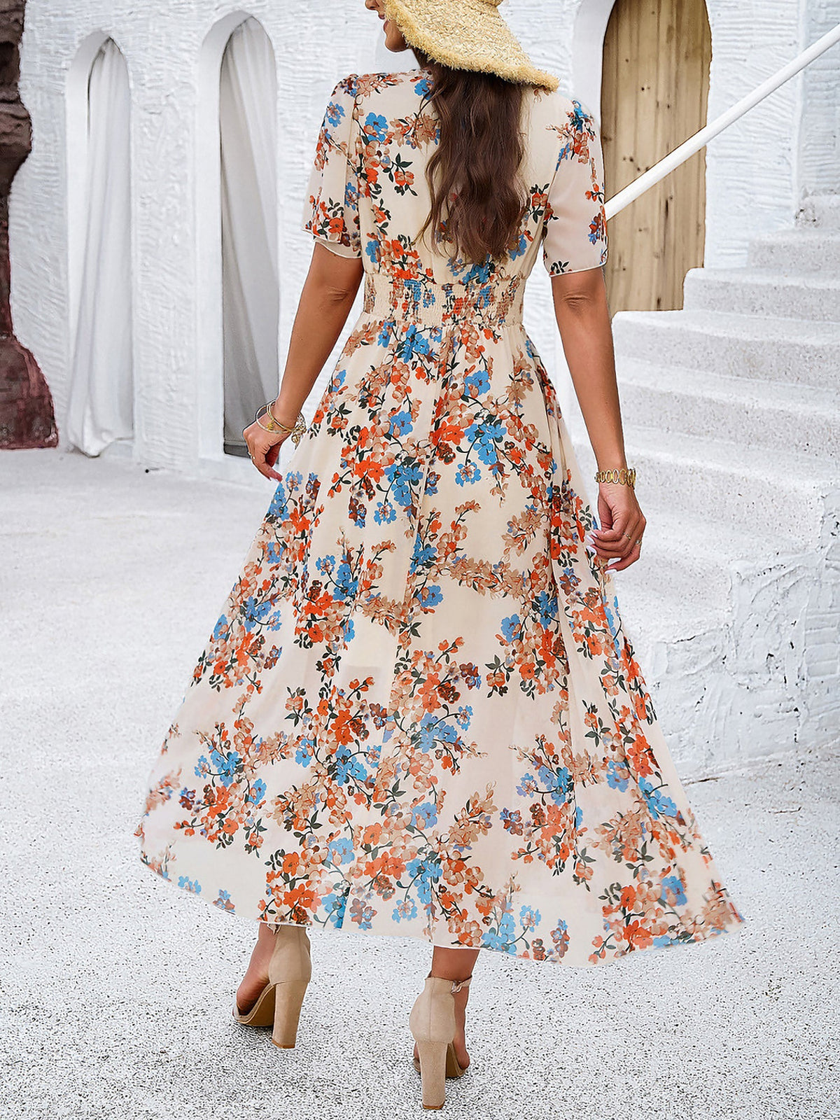 Floral Short Sleeves Smocked Chiffon Dress