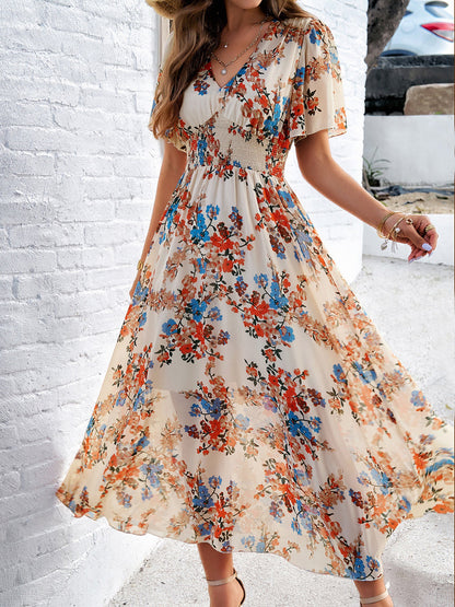 Floral Short Sleeves Smocked Chiffon Dress