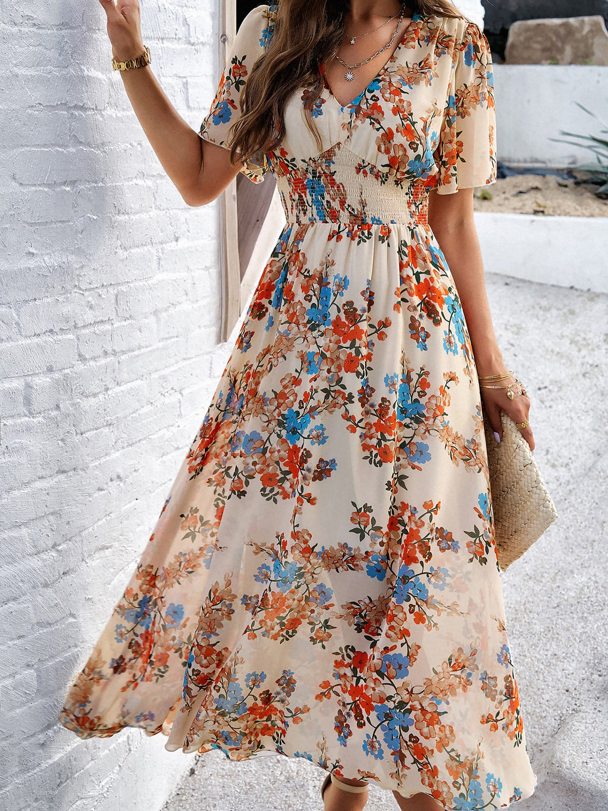 Floral Short Sleeves Smocked Chiffon Dress