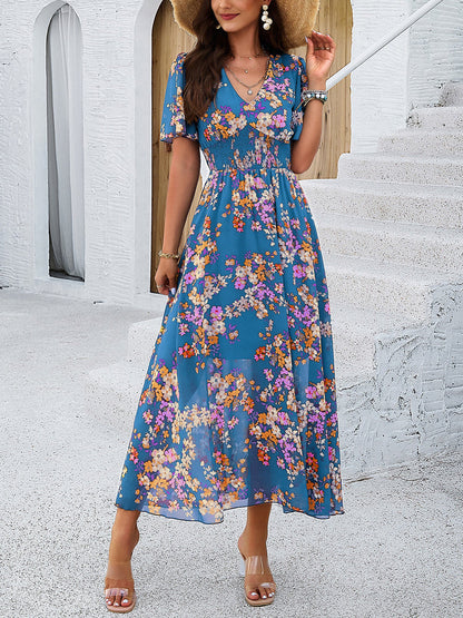 Floral Short Sleeves Smocked Chiffon Dress