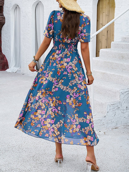 Floral Short Sleeves Smocked Chiffon Dress