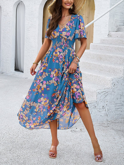 Floral Short Sleeves Smocked Chiffon Dress