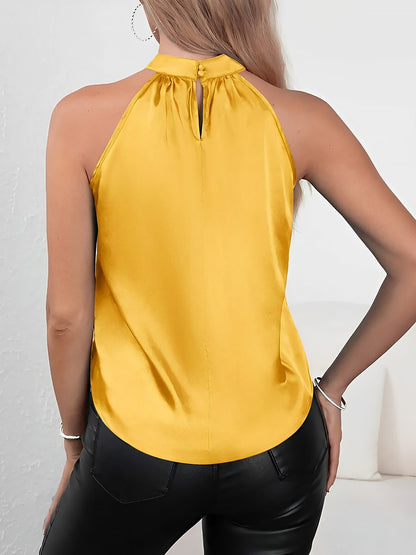 Satin Halter Neck Sleeveless Solid Color Tops