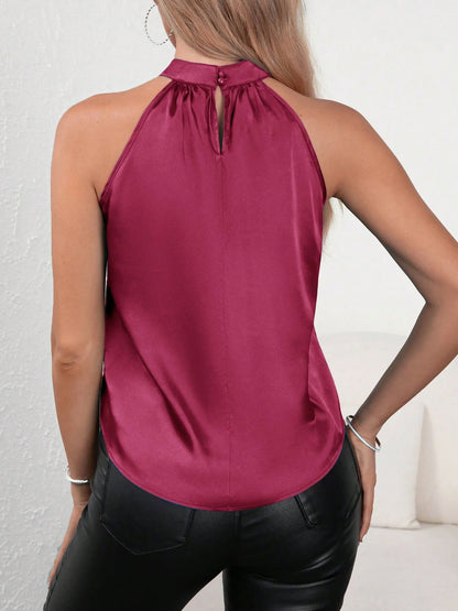 Satin Halter Neck Sleeveless Solid Color Tops