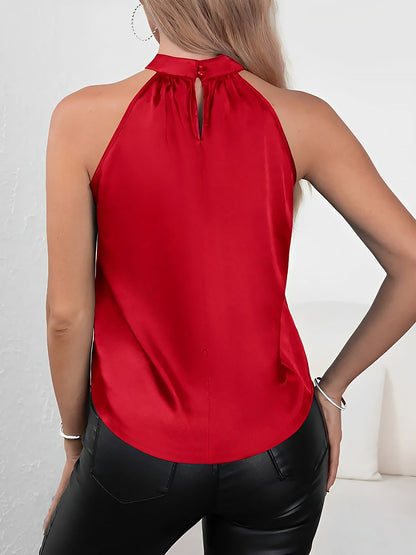 Satin Halter Neck Sleeveless Solid Color Tops