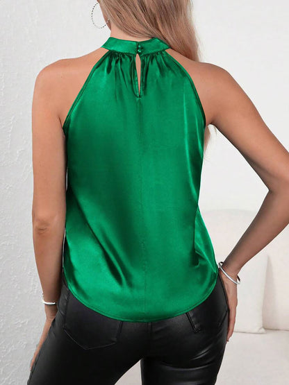 Satin Halter Neck Sleeveless Solid Color Tops