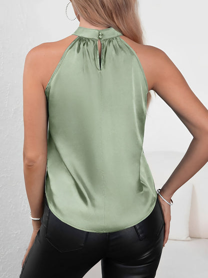 Satin Halter Neck Sleeveless Solid Color Tops