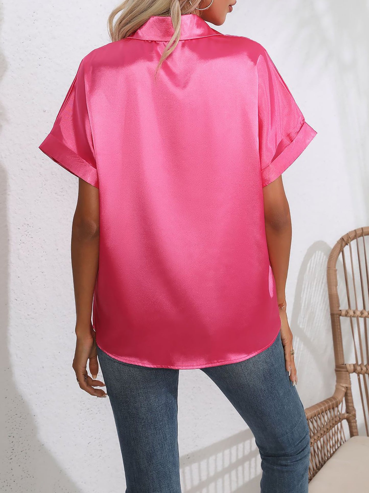 Satin Short Rolled Sleeve Solid Color Shirt