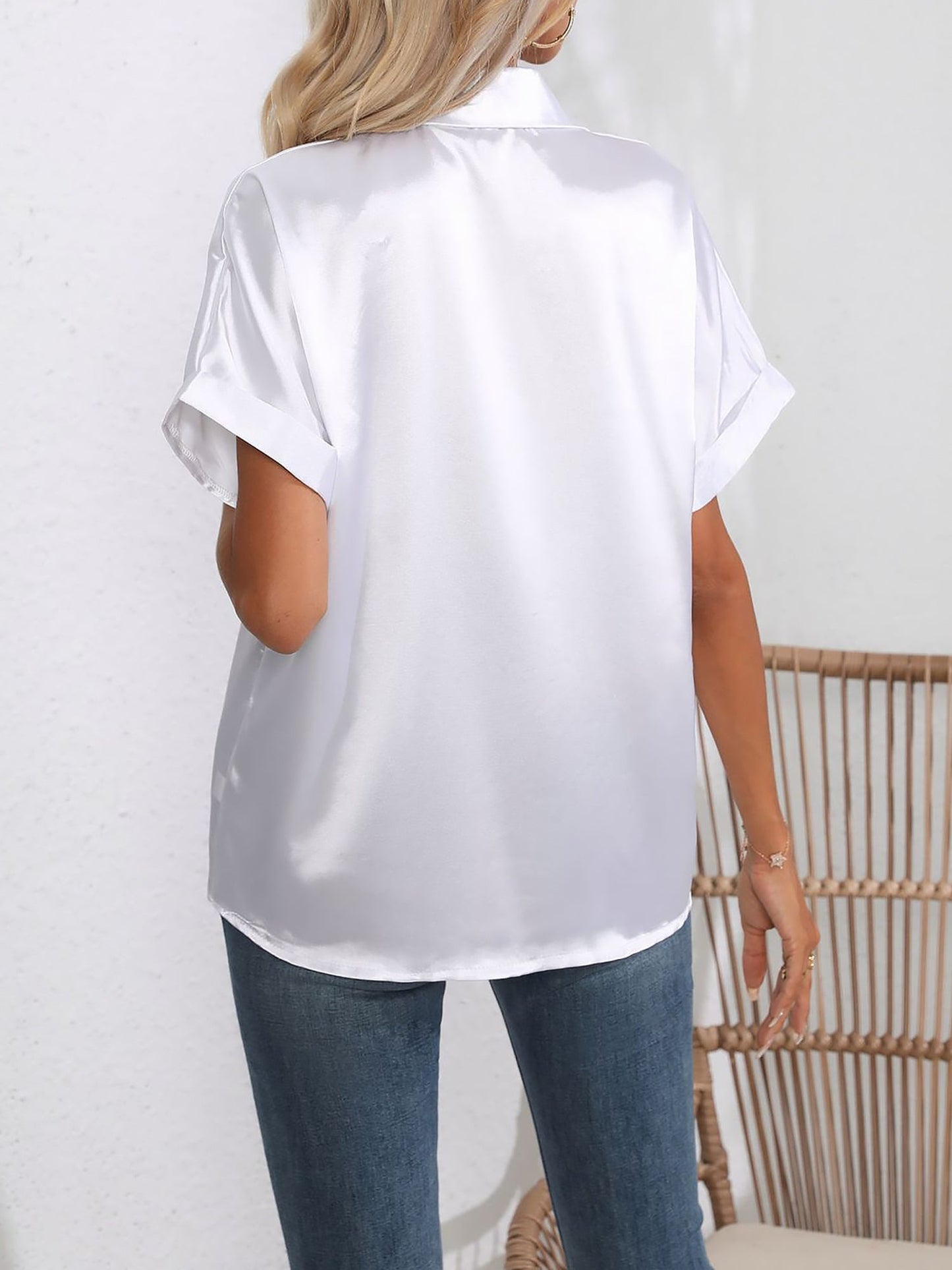 Satin Short Rolled Sleeve Solid Color Shirt