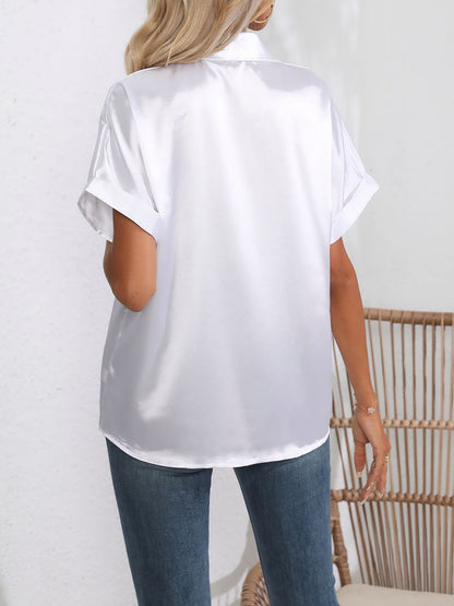 Satin Short Rolled Sleeve Solid Color Shirt