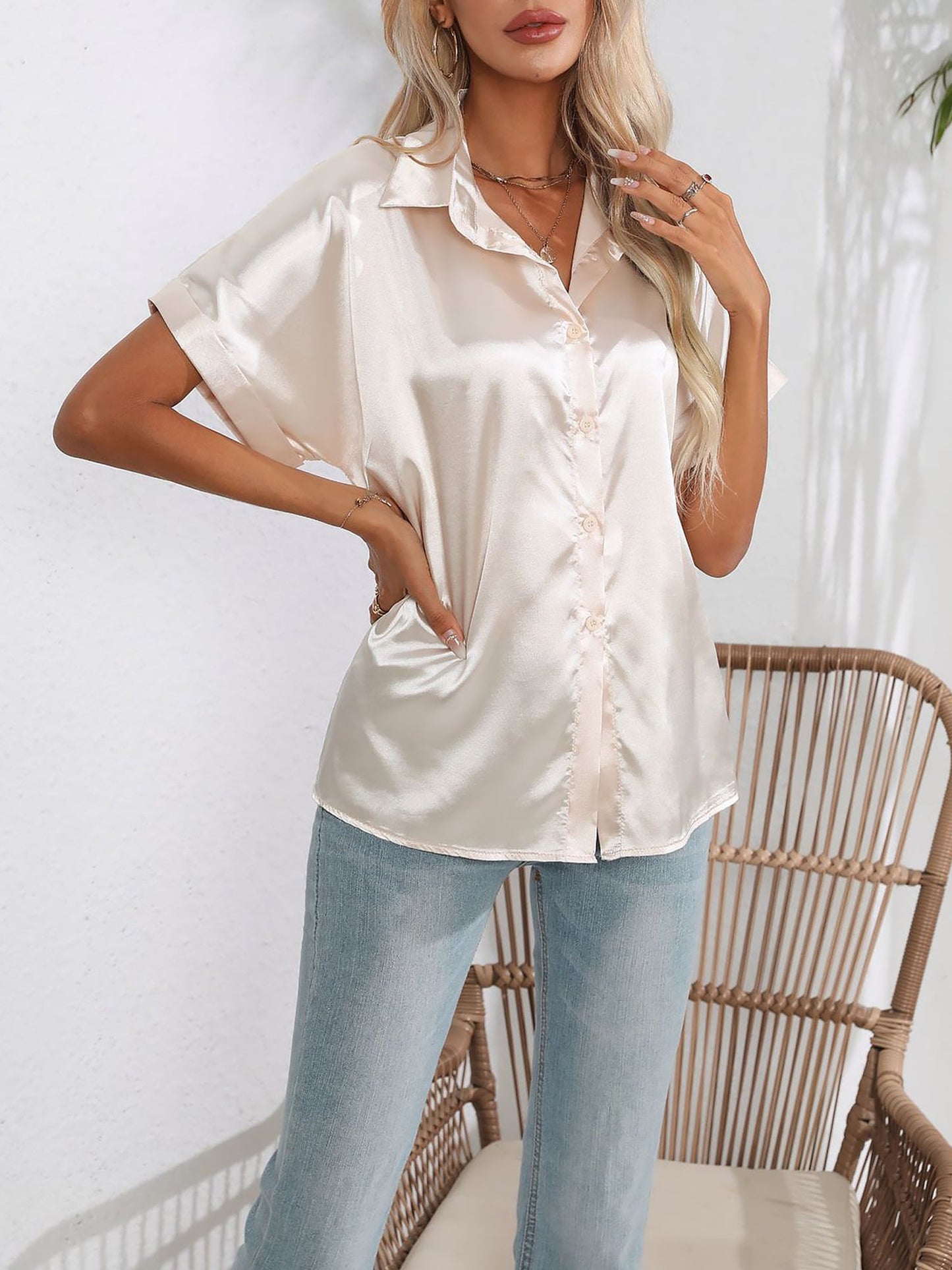 Satin Short Rolled Sleeve Solid Color Shirt