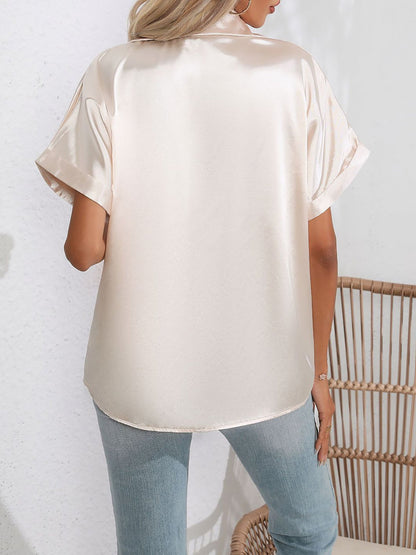 Satin Short Rolled Sleeve Solid Color Shirt