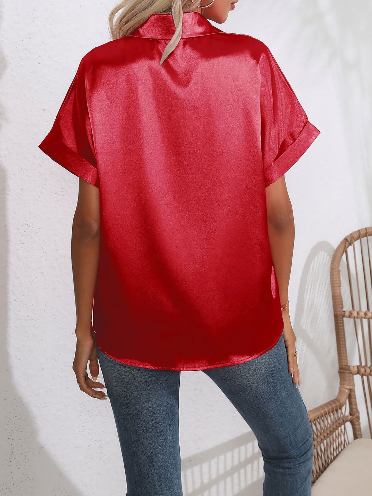 Satin Short Rolled Sleeve Solid Color Shirt