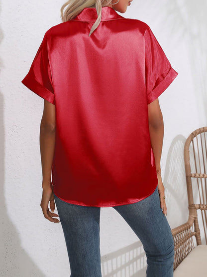 Satin Short Rolled Sleeve Solid Color Shirt