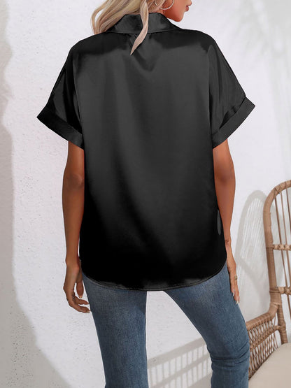 Satin Short Rolled Sleeve Solid Color Shirt