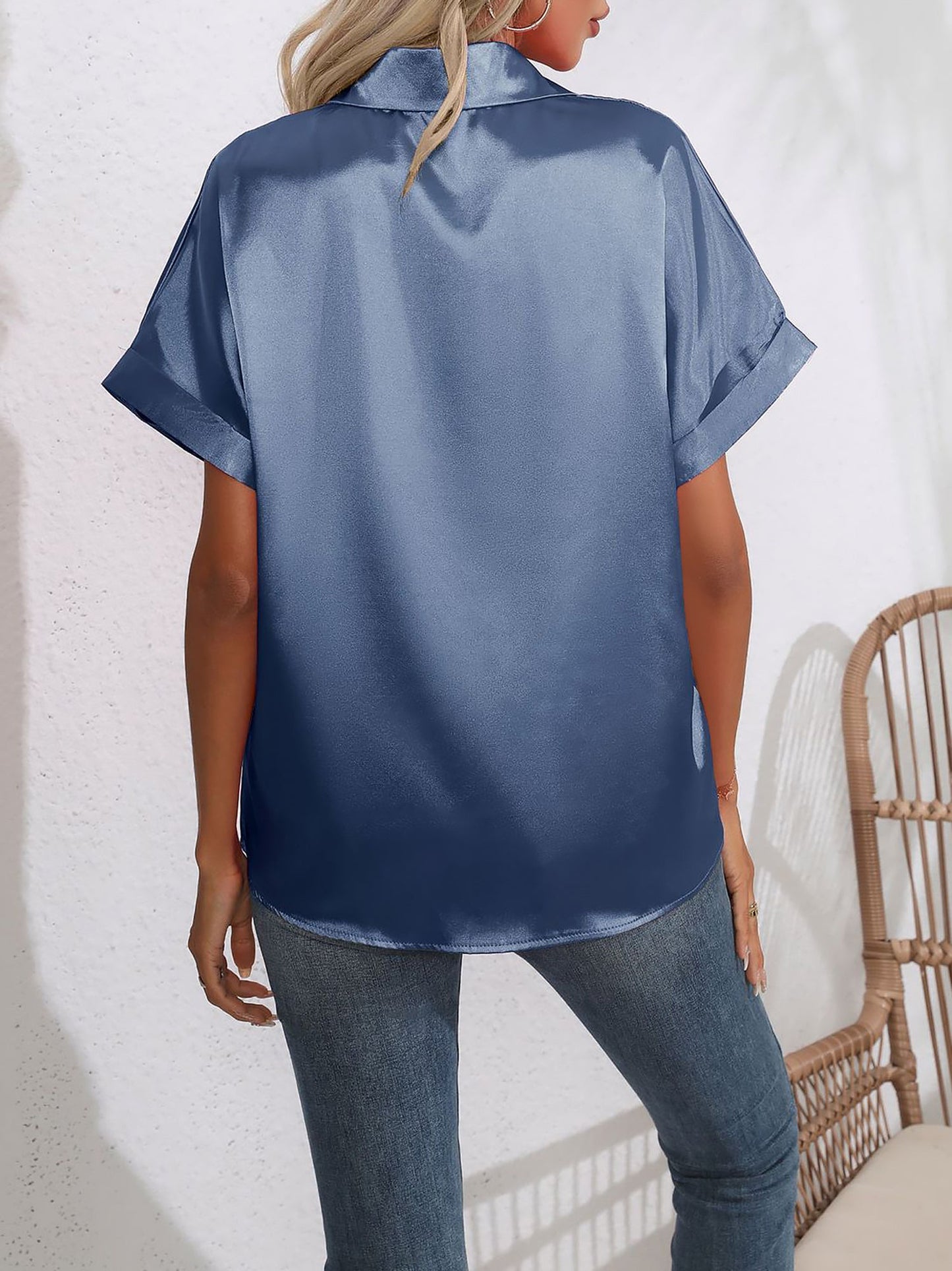 Satin Short Rolled Sleeve Solid Color Shirt